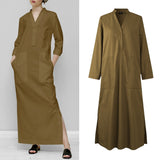 Long Dress Women's Sundress Elegant Stand Collar Long Sleeve Party Dress Side Split Holiday Button Up