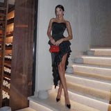 Black Asymmetrical Ruffled Midi Dress-Outfit