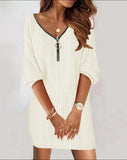 Fongt Explosion Autumn And Winter Simple Solid Color V-Neck Knitted Long-Sleeved Dress Women's Clothing