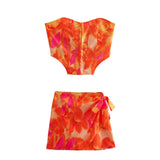 Fongt Summer Women's Print Corset Short Vest Tie Knot Skirt-Outfit