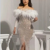 Fongt New Women's Ebay Dress Sexy Sprinkling Gold Feathers Open Forked And Hip Banquet Evening