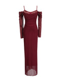 Fongt Women's Dress 2025 Spring Sexy Hottie Long-Sleeved Mesh Fashion Temperament To Open Fork Long Dress