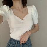Puff Short Sleeve V-neck Knitted T-shirts Girls Solid Stretchy Crop Tops Thin Knitwear For Women-Outfit