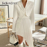 TWOTWINSTYLE Casual White Two Piece Set For Women Notched Long Sleeve Blazer High Waist Irregular Hem Skirt Female Korean