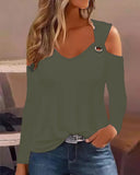 Hot Style Autumn Simple Metal Button V-Neck Shirt Shirt Women's Round Collar-Outfit