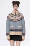 Blue Printed Stand Collar Knitted Cardigan-Outfit