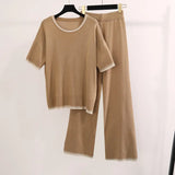 Fongt Simple Fashion Round-Neck Short-Sleeved Knitted Shirt High Waist Thin Trousers Pit Knitted Two-Piece