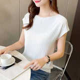 Fongt Silk Knitted Women Loose 2023 Summer New Gray Top Collar Thin Short-Sleeved T-Shirt