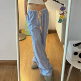 Fongt Wind Dopamine Contracted Stripe Casual Pants Female Low Waist Lace Splicing Straight Tube-Outfit