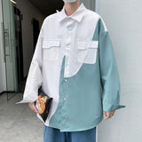 Color Spliced Shirt Men Long Sleeve Autumn Clothing Casual Streetwear Two Pockets Patchwork Big Size Shirts for