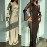 Fongt Spring And Summer Women's Solid Color Round Neck Long Sleeve With The National Style Temperament Lazy Wind To Close The Waist Dress Women