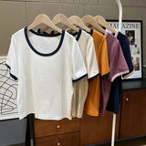 Color Threaded Round Collar Short-Sleeved T-Shirt Women's New Slim And Unique Chic Blouse In Spring And