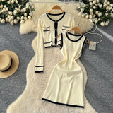 Fongt Fragrant Style High-End Set Of Women's Autumn Fashion Crash Round-Neck Long-Sleeved Knitted Shirt Sleeveless Vest Skirt