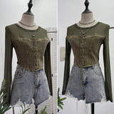 Real Shooting Denim Splicing Mesh Design Long-Sleeved T-Shirt Wearing Rope Tie Short Repair Body Coat
