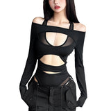 Fongt 2024 New Women's Fashion Sexy Mesh Stitching Long Sleeve Hollow Out Slim Crop Jumpsuit-Outfit
