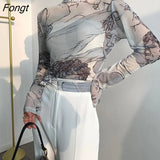 Turtleneck Mesh Blouse Women Renaissance Print Long Sleeve See Through Top Ladies Sheer Designer Top