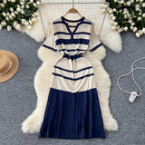 Fongt Version Of Fashion V-Neck Short-Sleeved Striped Knitted Dress Women Thin Senior Sense 100-Folded Dress Women Summer