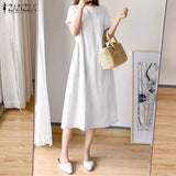 Elegant Solid Vestido ZANZEA Fashion Short Sleeve Robe Casual Daily Cotton A Line Dresses 2021 Summer Midi
