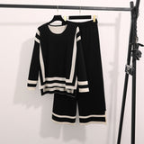 Fongt Fashion Simple Splicing Loose Long-Sleeved Top High Waist Thin Leg Pants Knitted