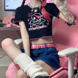 Fongt Top Female 2024 Summer Hot Girls Ins Harajuku Dark Cartoon Print Round Collar Short Sleeve Crop T-Shirt