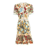 2020 Fashion Runway Summer Dress Women's Flare Sleeve Floral Embroidery Elegant Mesh Hollow Out Midi