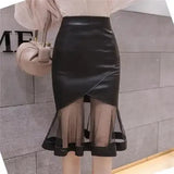 Black Faux Leather Mesh Frill Patchwork Pencil Midi Skirt-Outfit