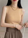 Summer Sleeveless Tank Tops Women Camisole Slim Female O-neck Knitted Ribbed Croped Vest Casual Solid Camis Top-Outfit