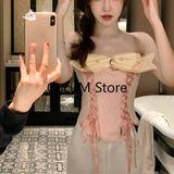 Elegant Corset Suit Women Bow Tie Sexy Lace Tube Top White Shorts Two Piece Casual Fashion Summer Female Two Piece Set-Outfit