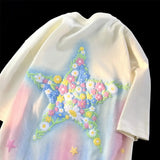 Pink Flower Stars Cartoon T Shirts Lovely Girls Loose Casual Cotton Tops Streetwear Oversized Summer Tee Korean