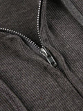 Solid Ribbed Zip Up Drawstring Hooded Long Sleeve Knit-Outfit