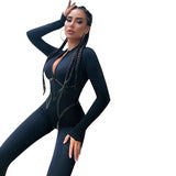 Fongt Babes Fashion Sports Leather Woven Strip Split Line Long Sleeve Zipper Tight Hip