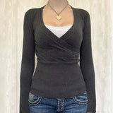 Lace Splice Crossover Long Sleeve Knit Tee-Outfit