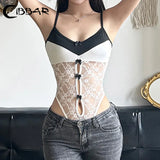 Sexy Hollow Out Lace Bodysuit Contrast Bow Patchwork Sleeveless Strap Bodyson Jumpsuit for Women y2k Aesthetic Body Shirt-Outfit