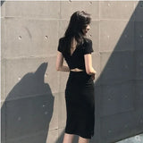Fongt / Summer 2024 New Korean Version Ins Wrap Hip Skirt Sexy Medium Long Slit Short Sleeve Back Bottom Dress