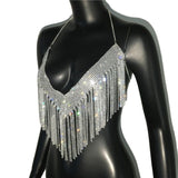 Rhinestones Tassel Party Crop Top Woman Fashion Halter Neck Backless Design Full Diamond Sequins Nightculb