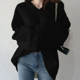 New 2021 Autumn Winter Women's Sweaters Pullover V-Neck Oversize Elegant Minimalist Korean Knitted Lady Jumper