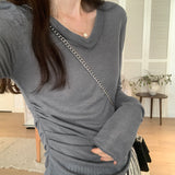 Slim, V-Collar, Straight Shoulder, Long-Sleeved T-Shirt, New Autumn Pleated Blouse, Solid Color Bottomed Shirt.-Outfit