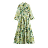 Fongt Tea Wind 2025 Spring New Fashion V-Neck Small Fresh Green Printing Belt Decorative Dress