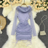 Spring Autumn Sexy One-Word Collar Long Sleeve Drawstring Pleated Dress Female Flash Mesh Slim Wrap Buttock Skirt-Outfit