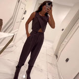 Fongt Summer New Solid Color Round Collar Button Top Temperament Straight Pants Suit Women-Outfit