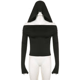 Windy Collar, Shoulder Sexy, Hooded Blouse, 2023 Slim, Solid Color, Long-Sleeved T-Shirt.-Outfit
