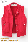 Black Red Pink White Denim Vest Tops Women Spring Summer Washed Ripped Beaded Sleeveless Jacket Lady Jeans Waistcoat