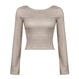 Fongt Low Round Collar Sexy Back Striped T Shirt Women's Slim Knit Long Sleeve Bottom Top-Outfit