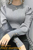 Autumn Round Neck Puff Sleeve Chic Knitted Pullovers for Women Elegant Fashion Button Sweaters Bottoming Shirt Korean