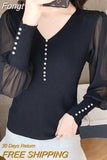 Autumn 2023 Chiffon Splicing Knitted Pullovers for Women 2023 New Office Lady Shirt Women's Clothing Chic T-Shirt