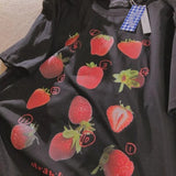 Strawberry Print Shirts for Women Aesthetic Cartoon O-neck Casual Teens Clothes Japanese Fashion Streetwear Woman Tshirts-Outfit