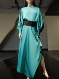 Loose Two Piece Set Womens Round Neck Long Sleeve Tops High Waist Split Midi Skirt Female Fashion Clothes Style