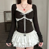 Lace Patchwork Bow Knot Long Sleeve Tee-Outfit