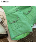 Summer Vintage Short Sleeve Turn-Down Collar Green Jumpsuits Women's Elegant High Waist Patchwork Single Breasted
