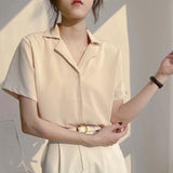 Fongt Spring And Summer College Style Retro Korean Version Of Professional Suit Collar Turn Students Short Sleeve Shirt Female Pure Color Top